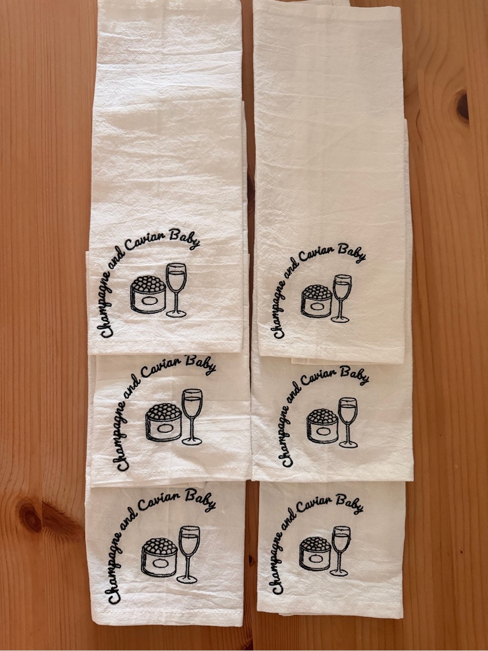 custom set of six linen dinner napkins/hand towels. Champagne and caviar, Baby